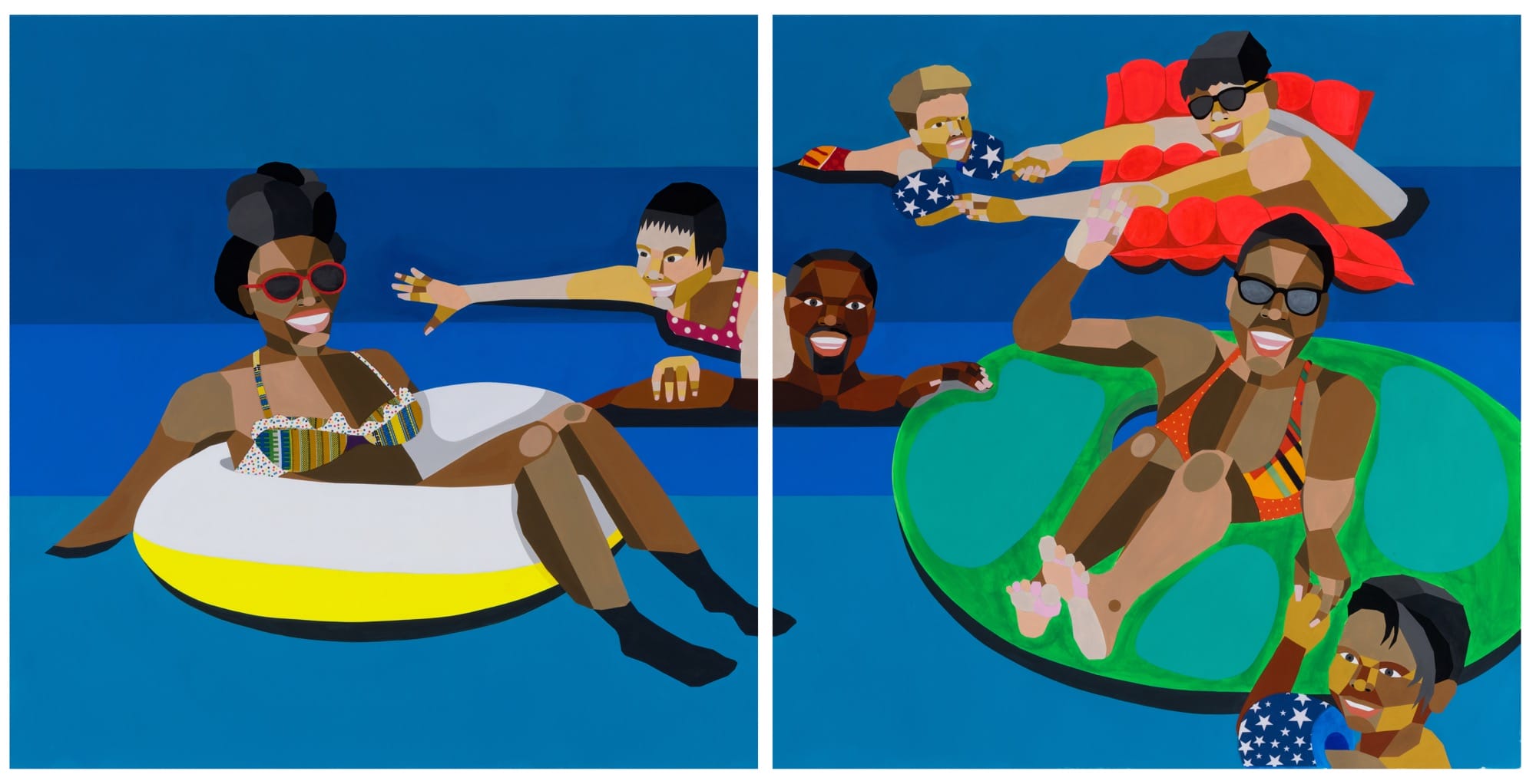 a diptych painting by Derrick Adams of Black figures floating in a pool on inner tubes