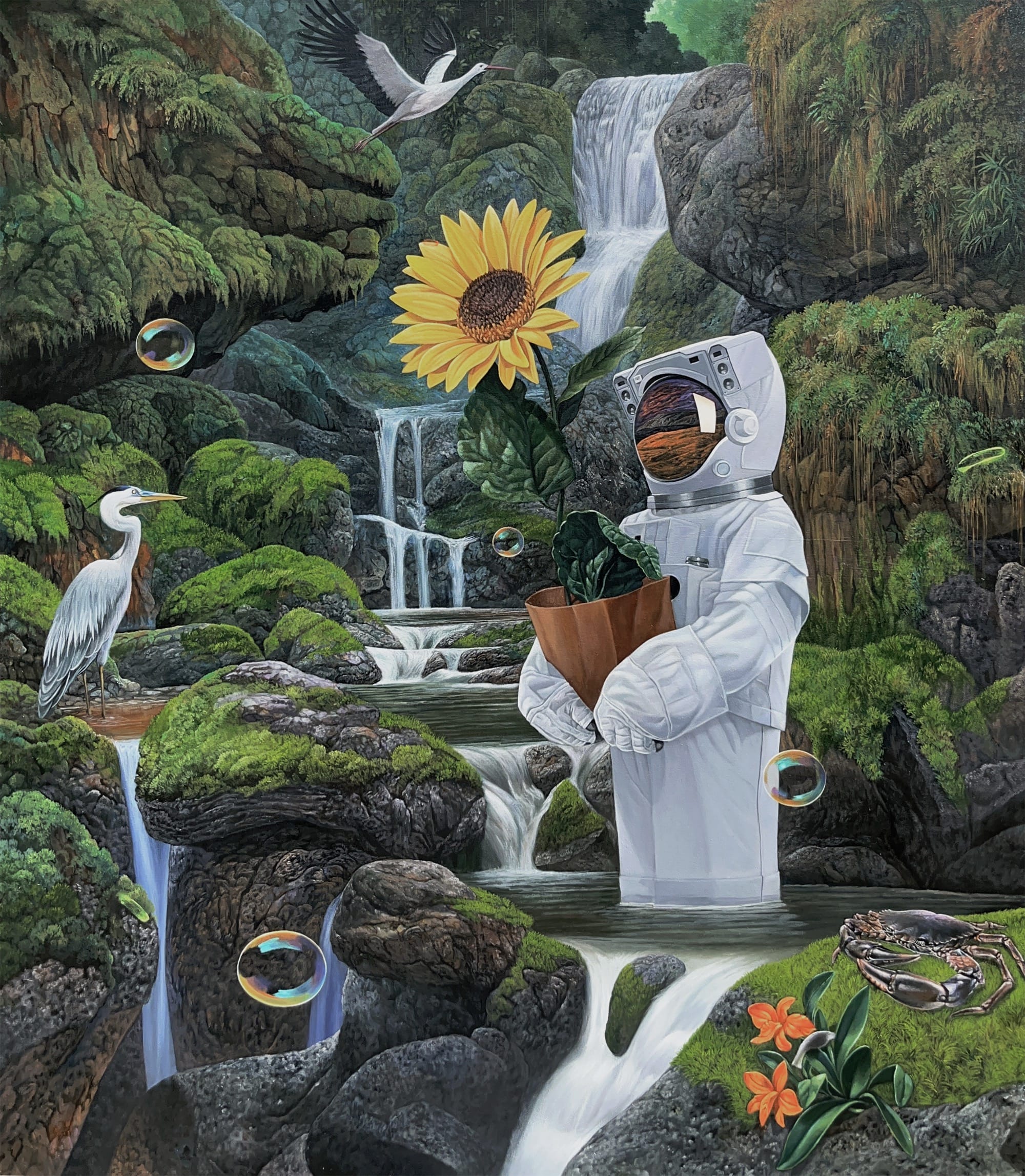 an astronaut brings a potted sunflower to a waterfall with a stork