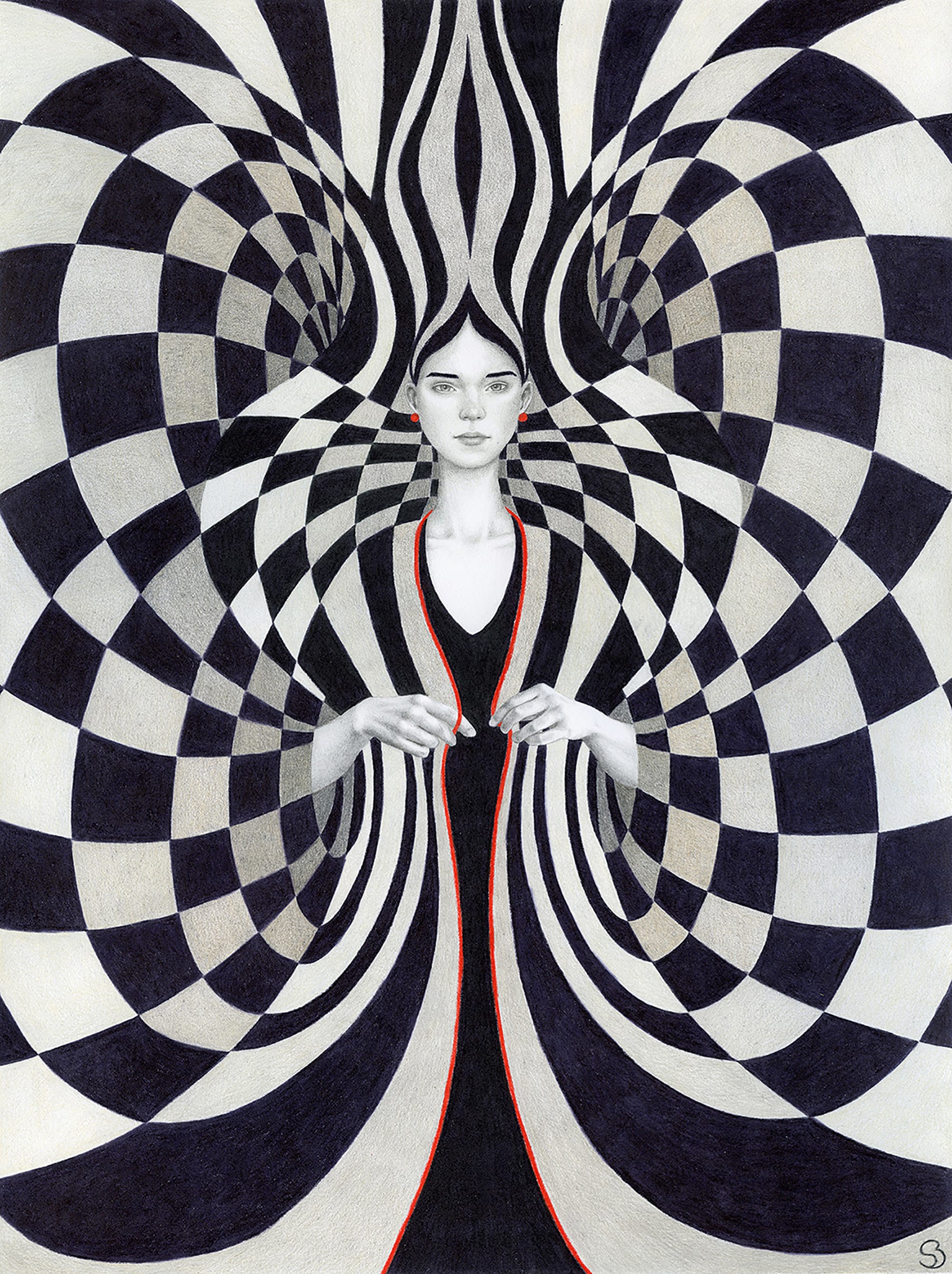 a stylish painting by Sofia Bonati of a woman surrounded by a symmetric geometric pattern