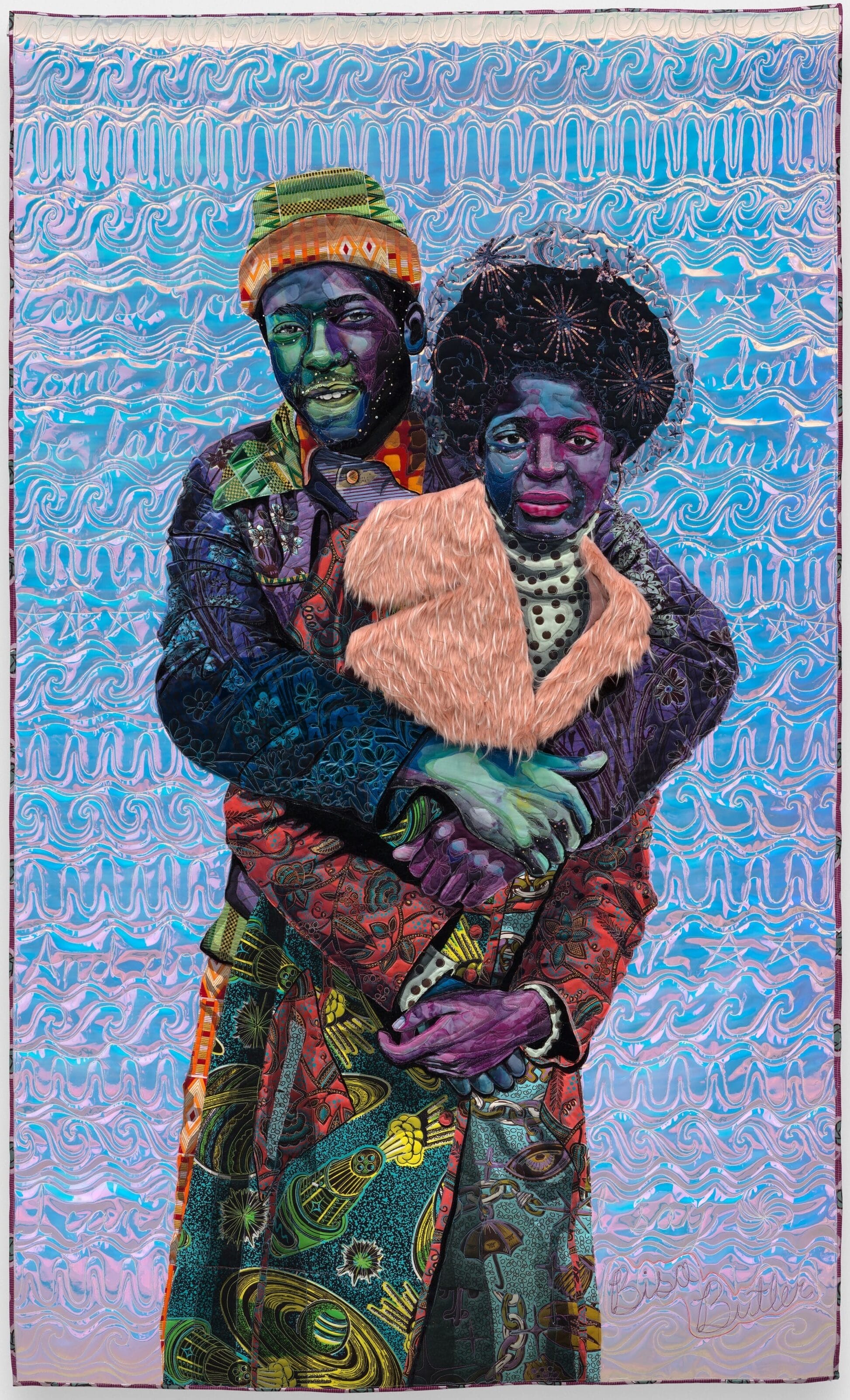 a quilted artwork by Bisa Butler featuring two young Black people standing affectionately together, inspired by a photograph by Steve Edson