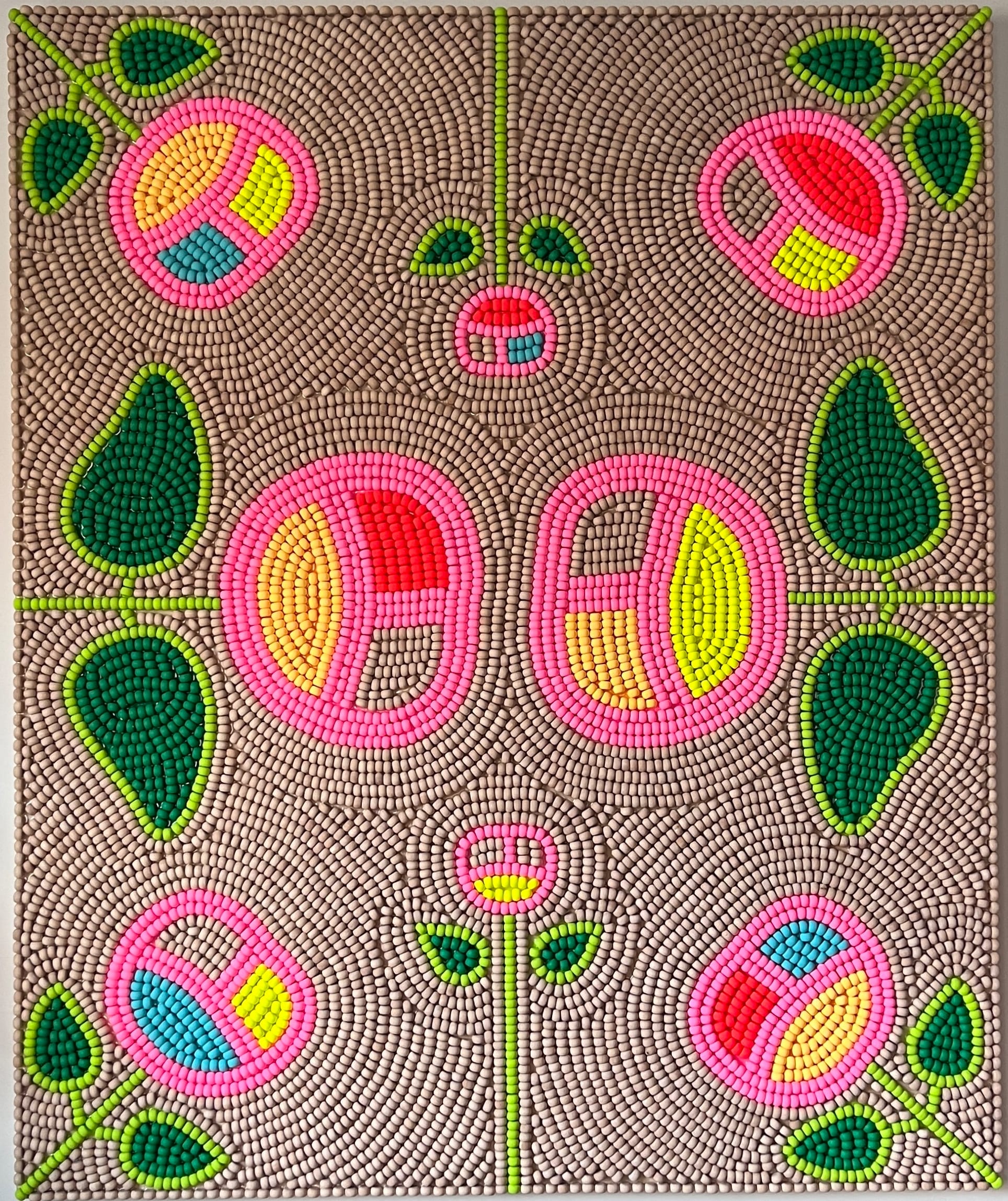 a beaded work by Renee Condo of pink cherries