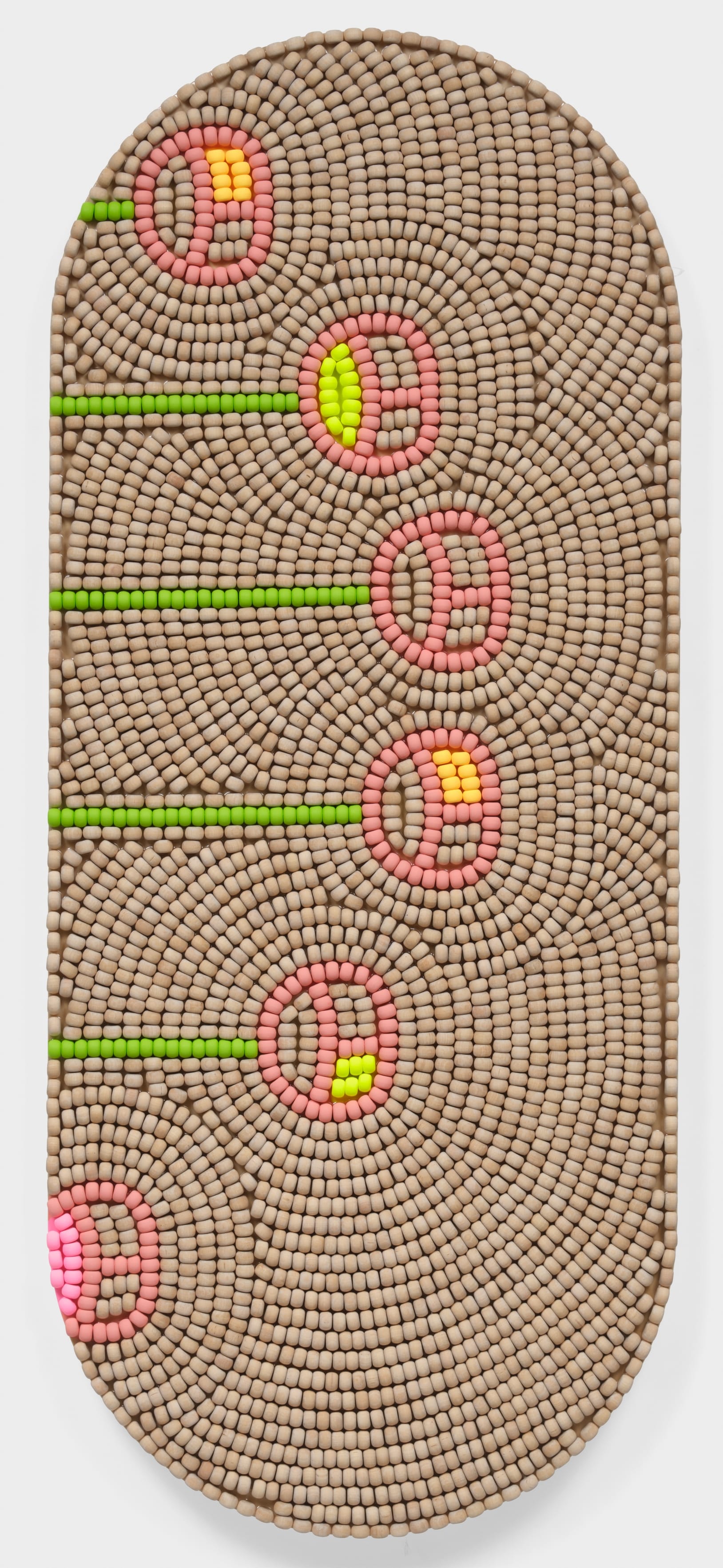 a tall oval wooden beaded work by Renee Condo of cherry-like outlines
