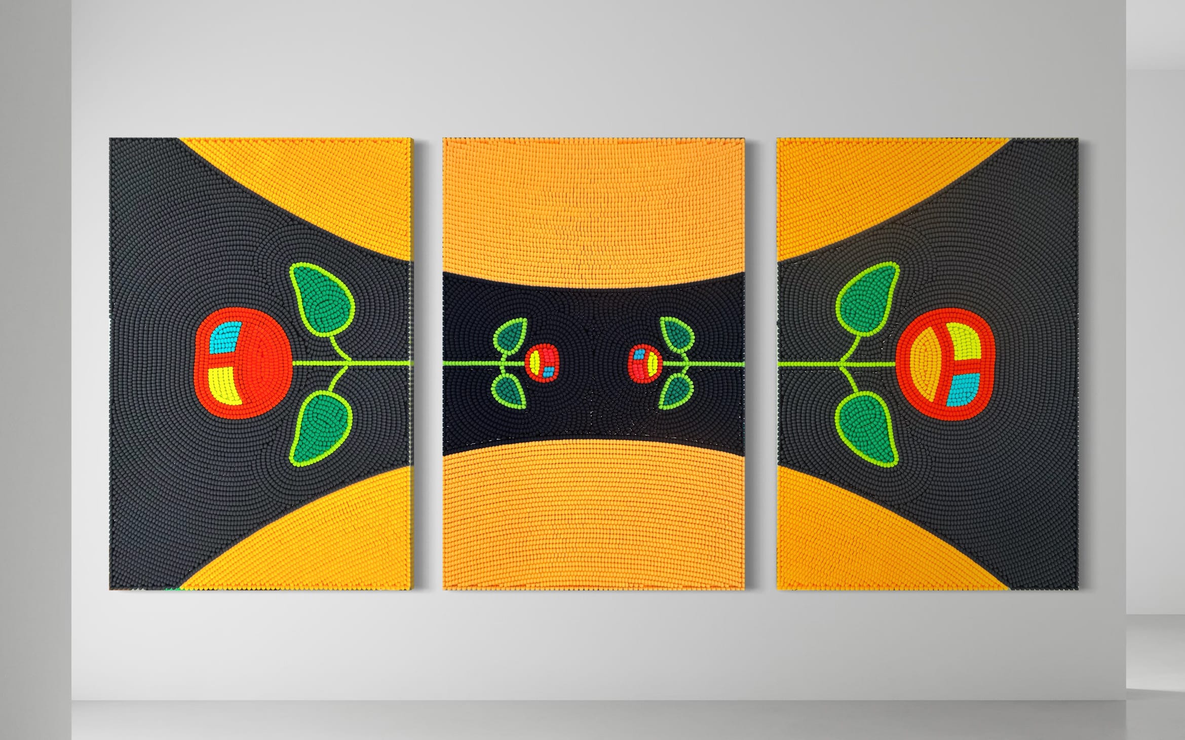 a triptych by Renee Condo of three beaded panels with cherry-like forms emerging from the center