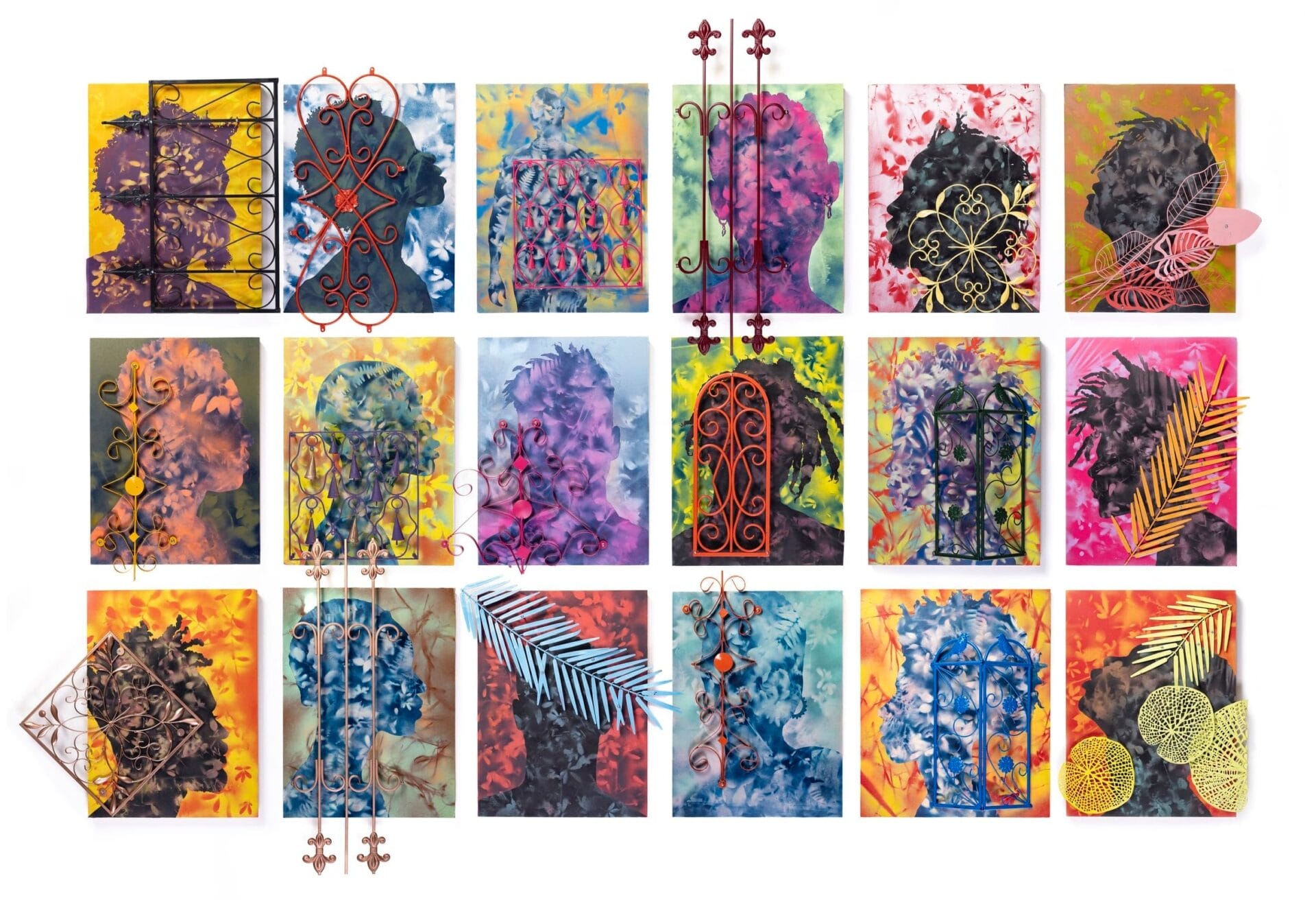 a grid of portraits by morel doucet covered in vibrant iron gates