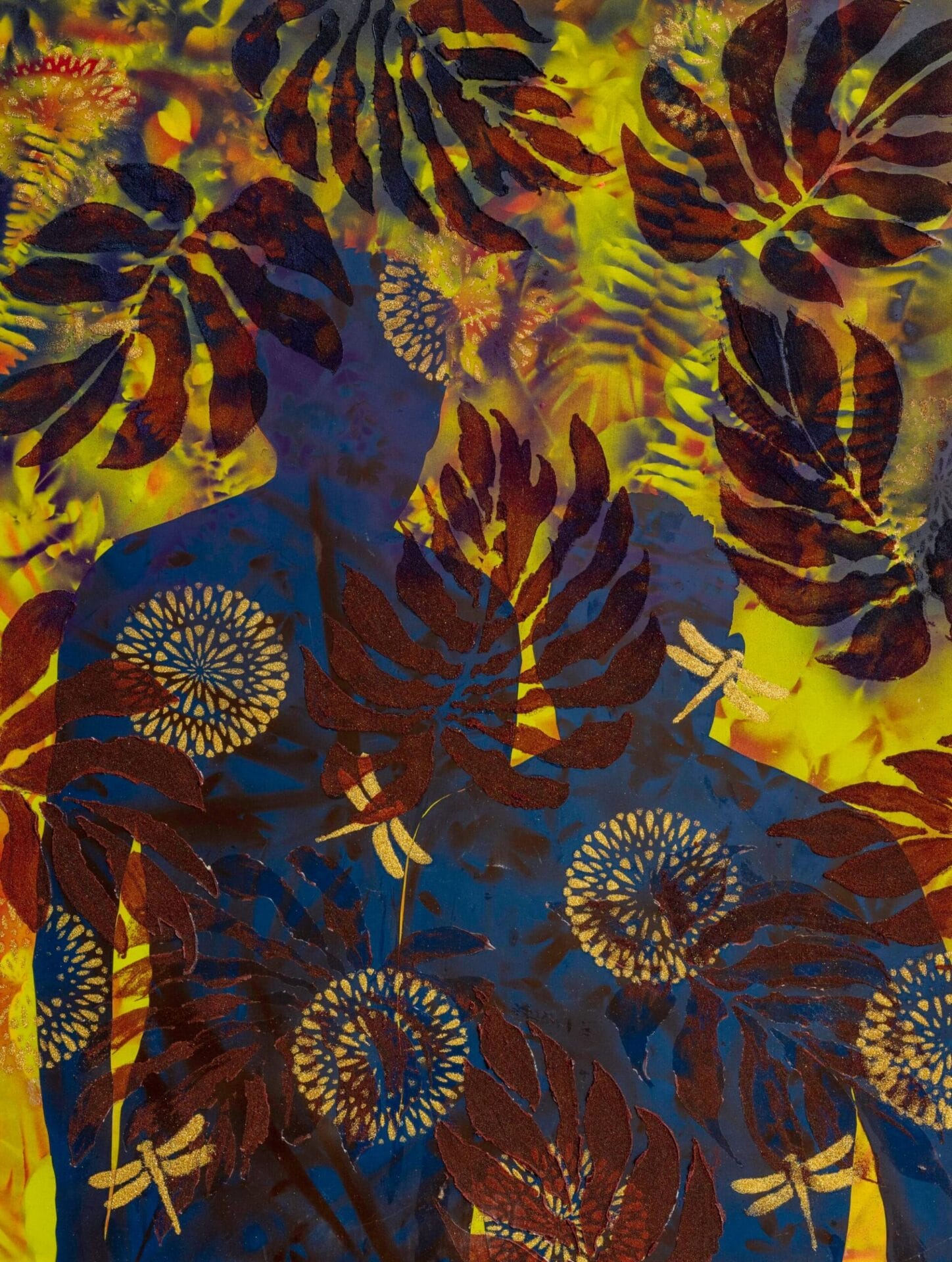 two silhouettes of figures in blue are enveloped by yellow and red flowers