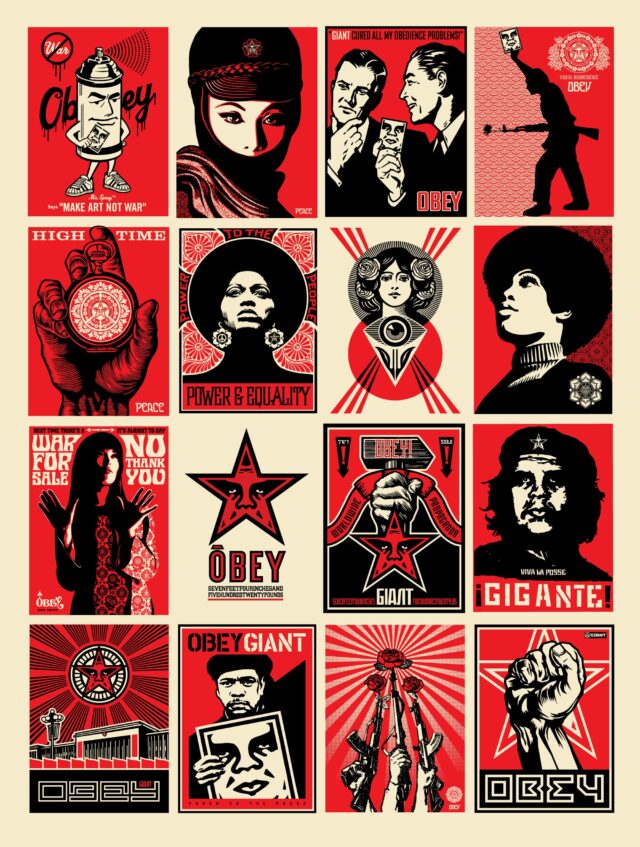 a composite image of 12 black, red, and white posters by Shepard Fairey