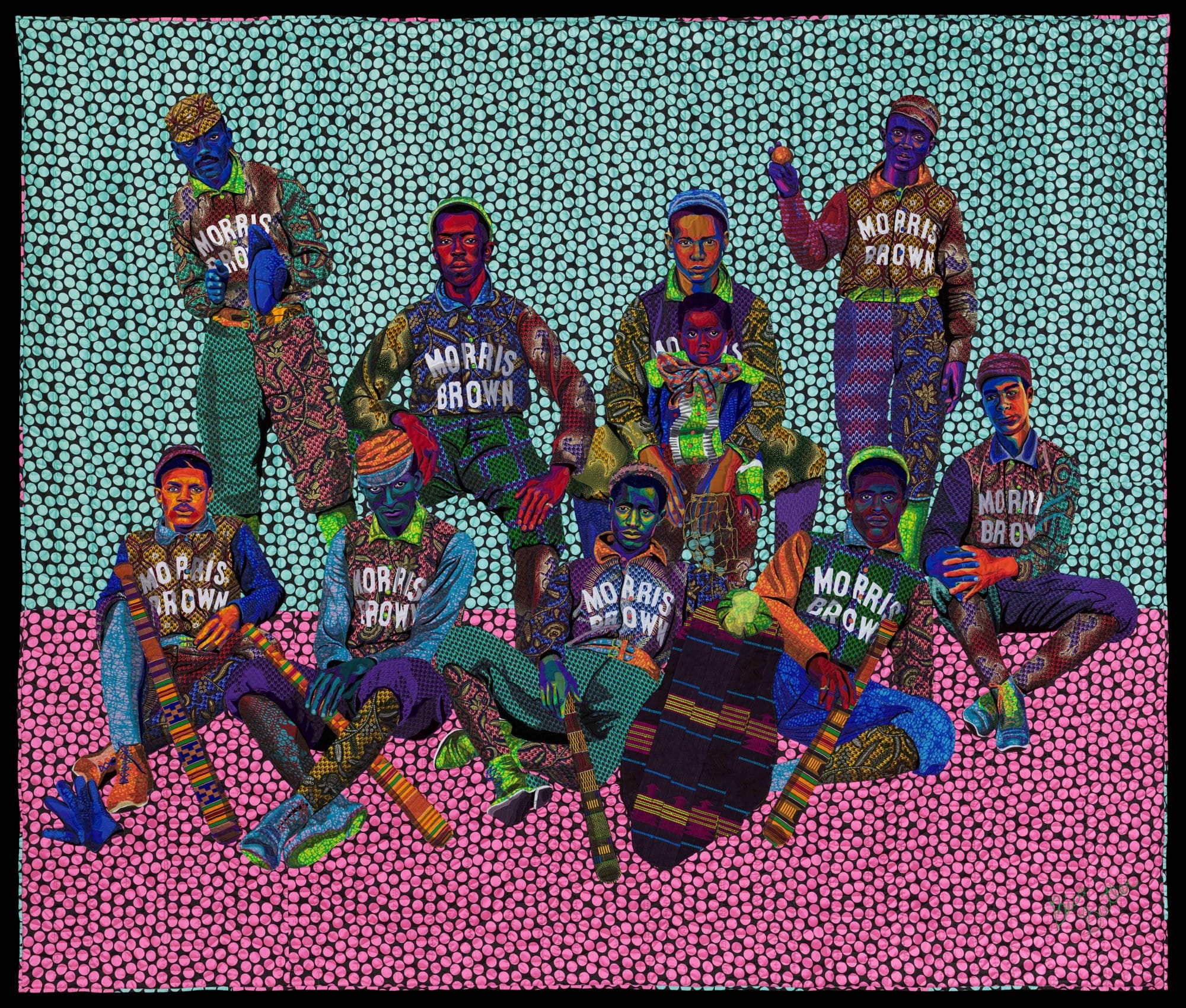 a portrait quilt by Bisa Butler of an African American baseball team in 1899