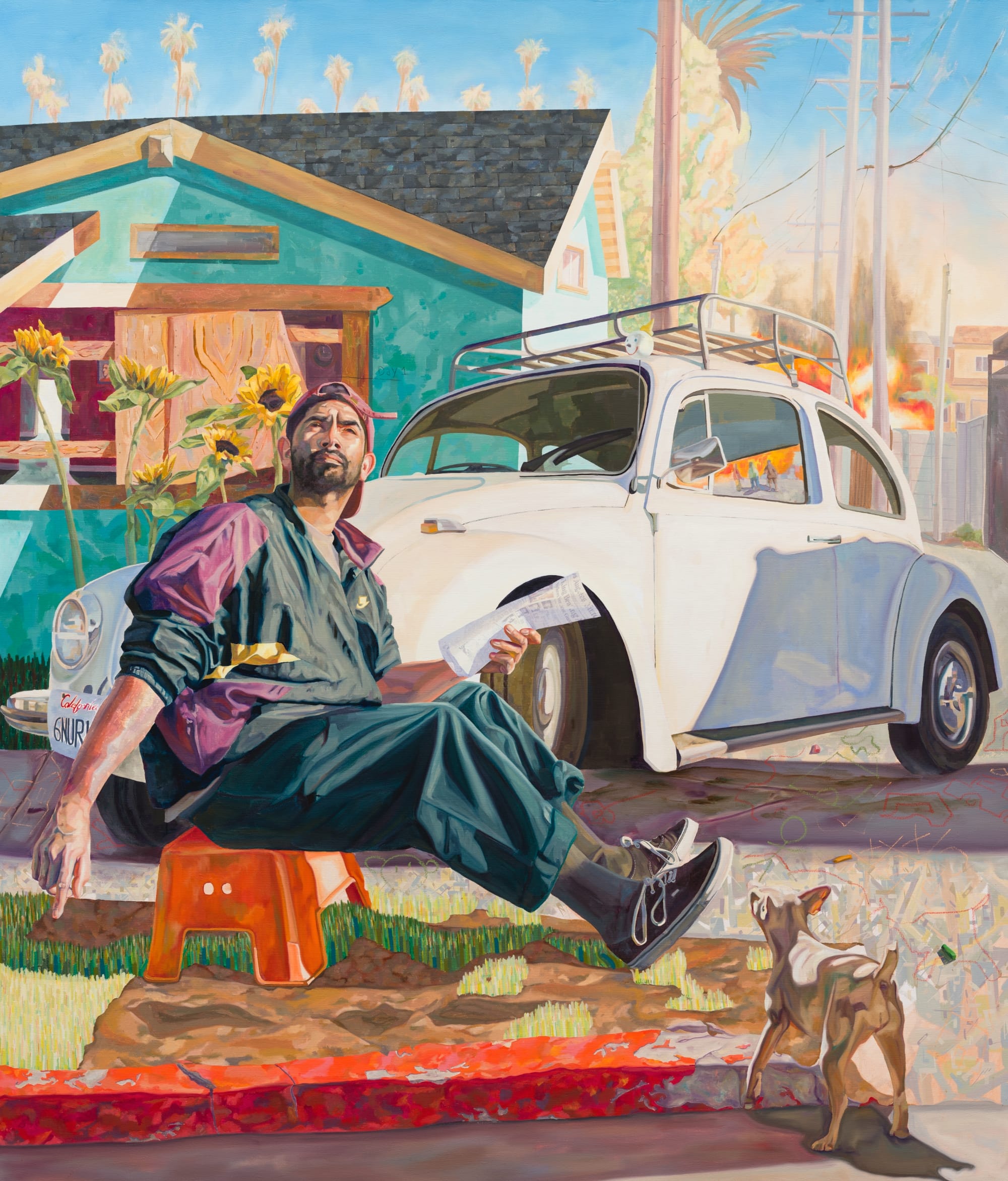 a painting by Elmer Guevara of a man sitting on an orange stool with a dog. a white vintage vw beetle is behind him along with fires