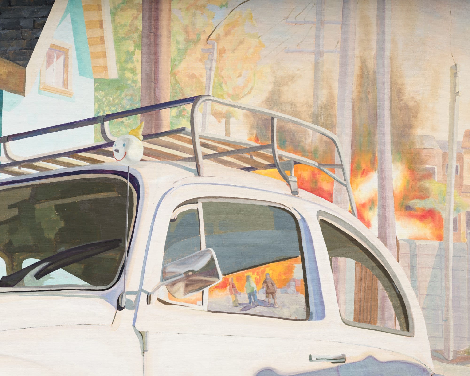 a detail of white vintage vw beetle is behind with fires in the background of a painting by elmer guevara