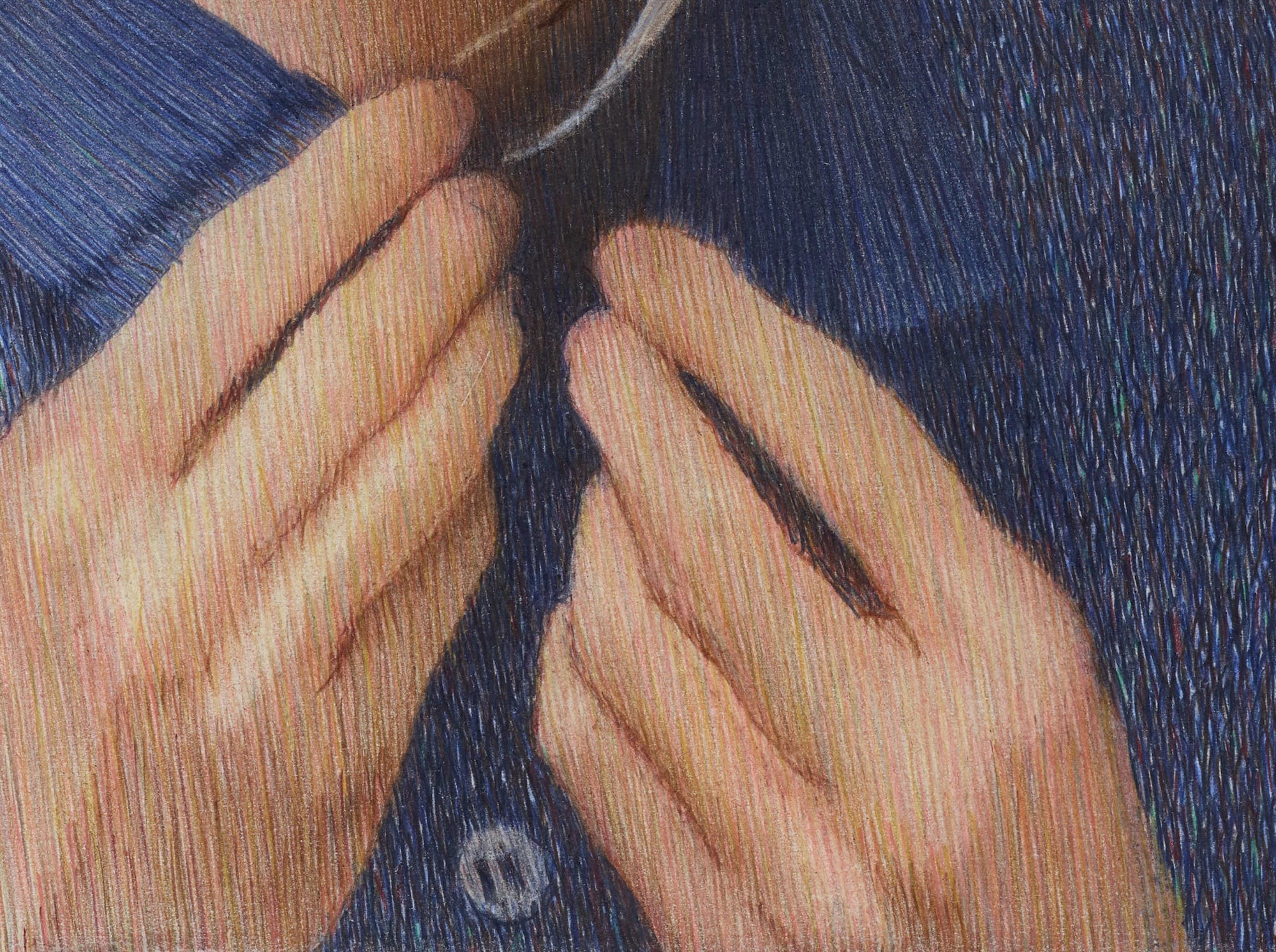 a detail of a graphite and colored pencil drawing by Tarka Kings of a woman with wet hair buttoning up the collar of a blue shirt