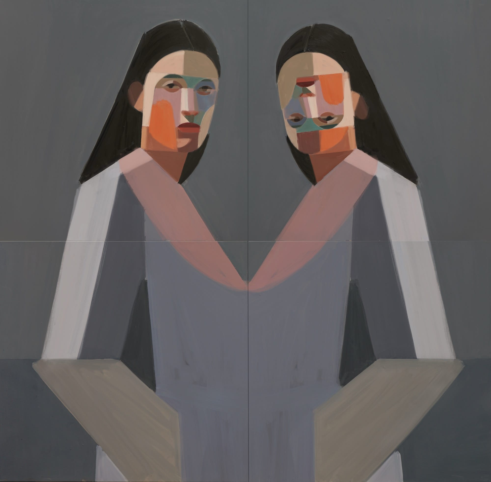a glitched painted portrait by Kat Kristof on a gray background. two mirrored figures look outward, and one's face is upside down
