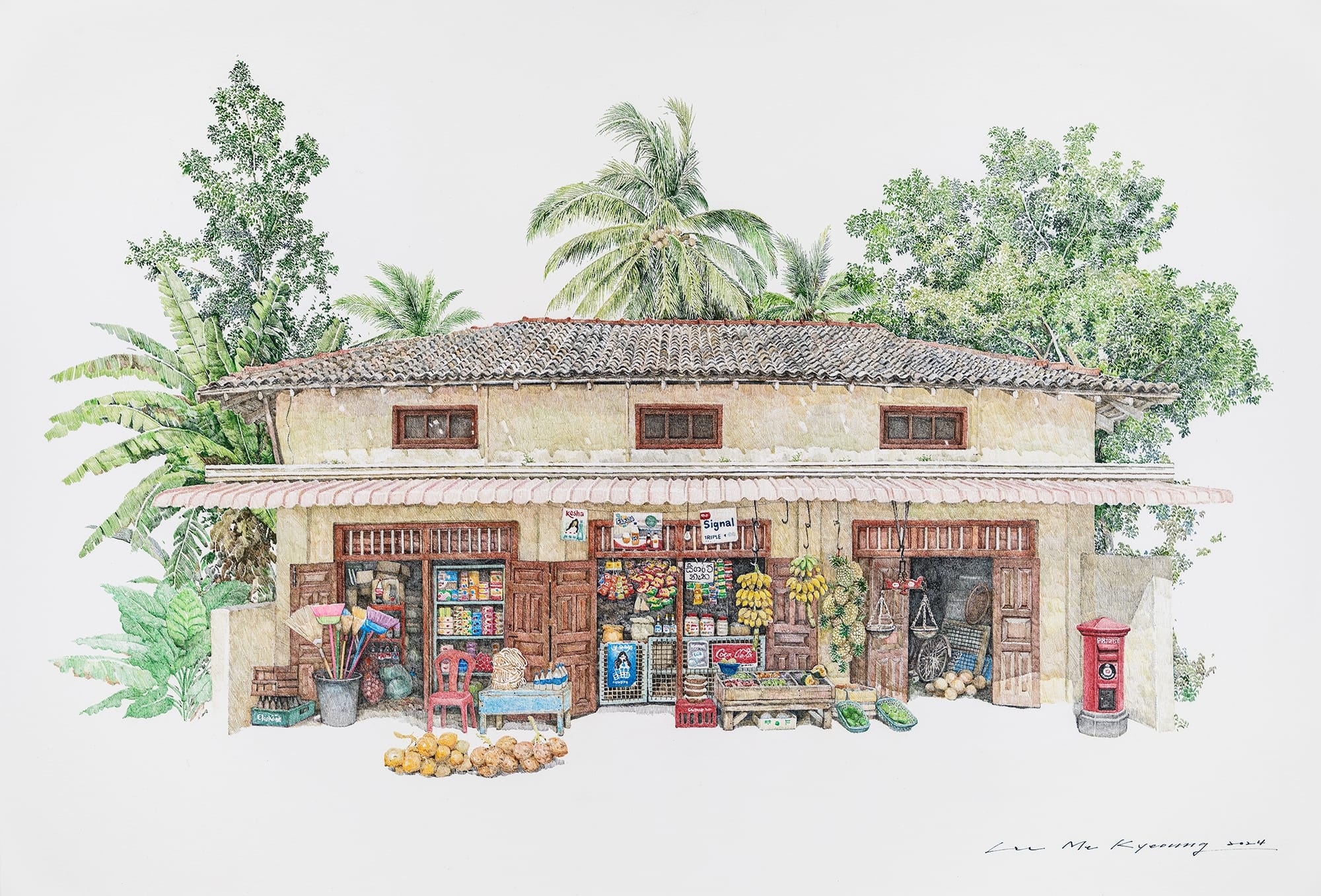 a delicate drawing of a small shop with a tree