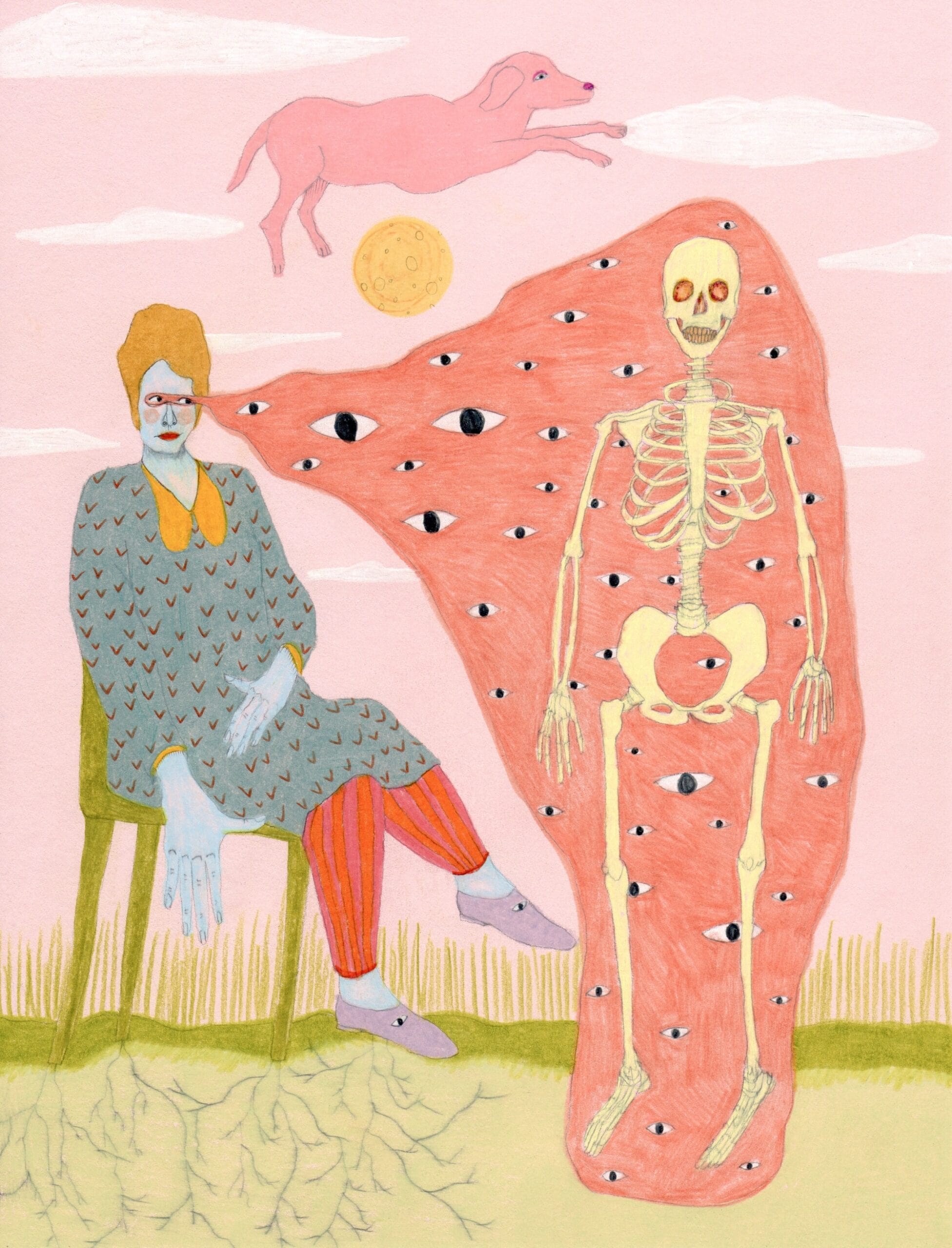 a large pink bubble filled with eyes and a full human skeleton emerges from the eyes of a seated figure