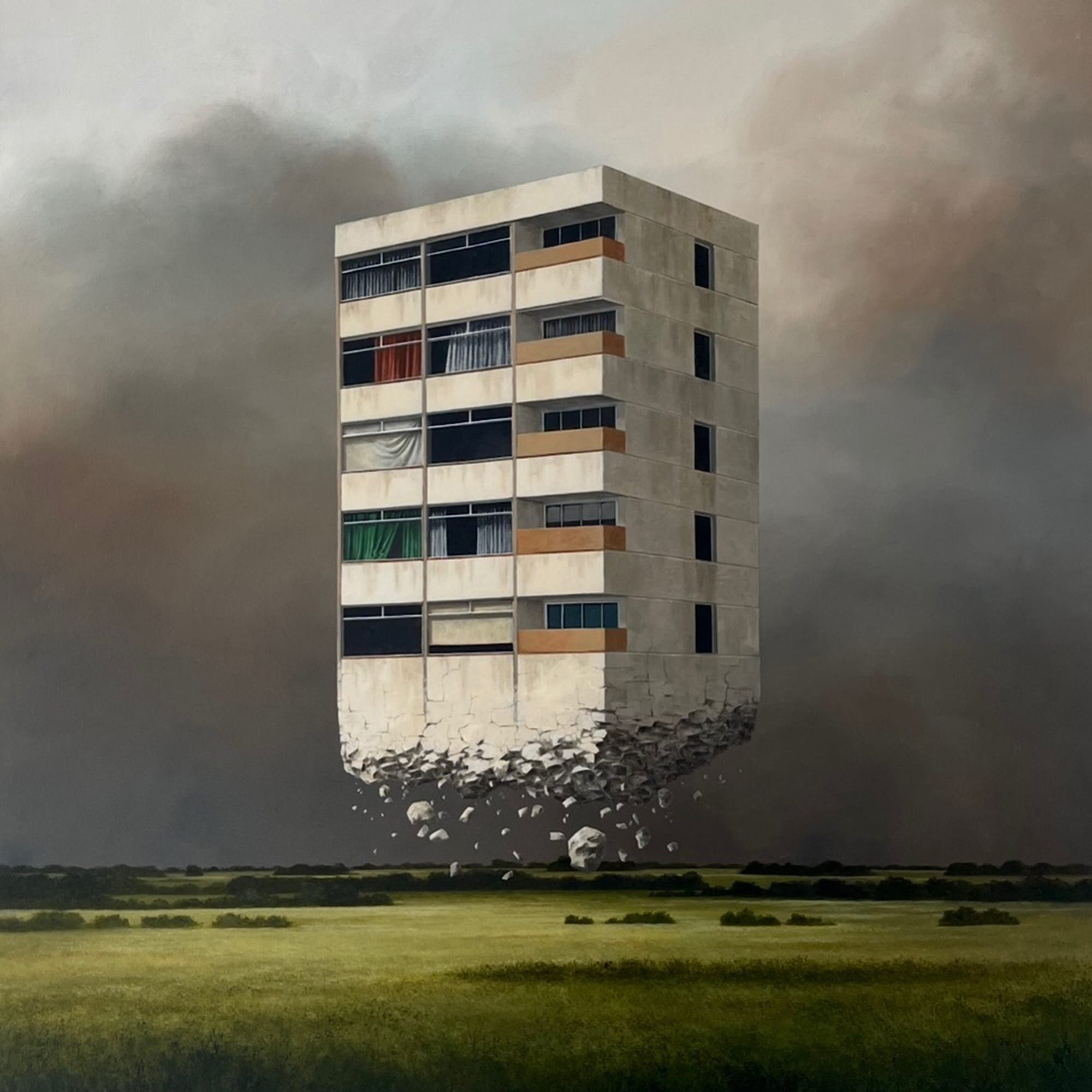 a painting by Lee Madgwick of a modernist apartment building floating over a green lawn, crumbling underneath, under a gray sky