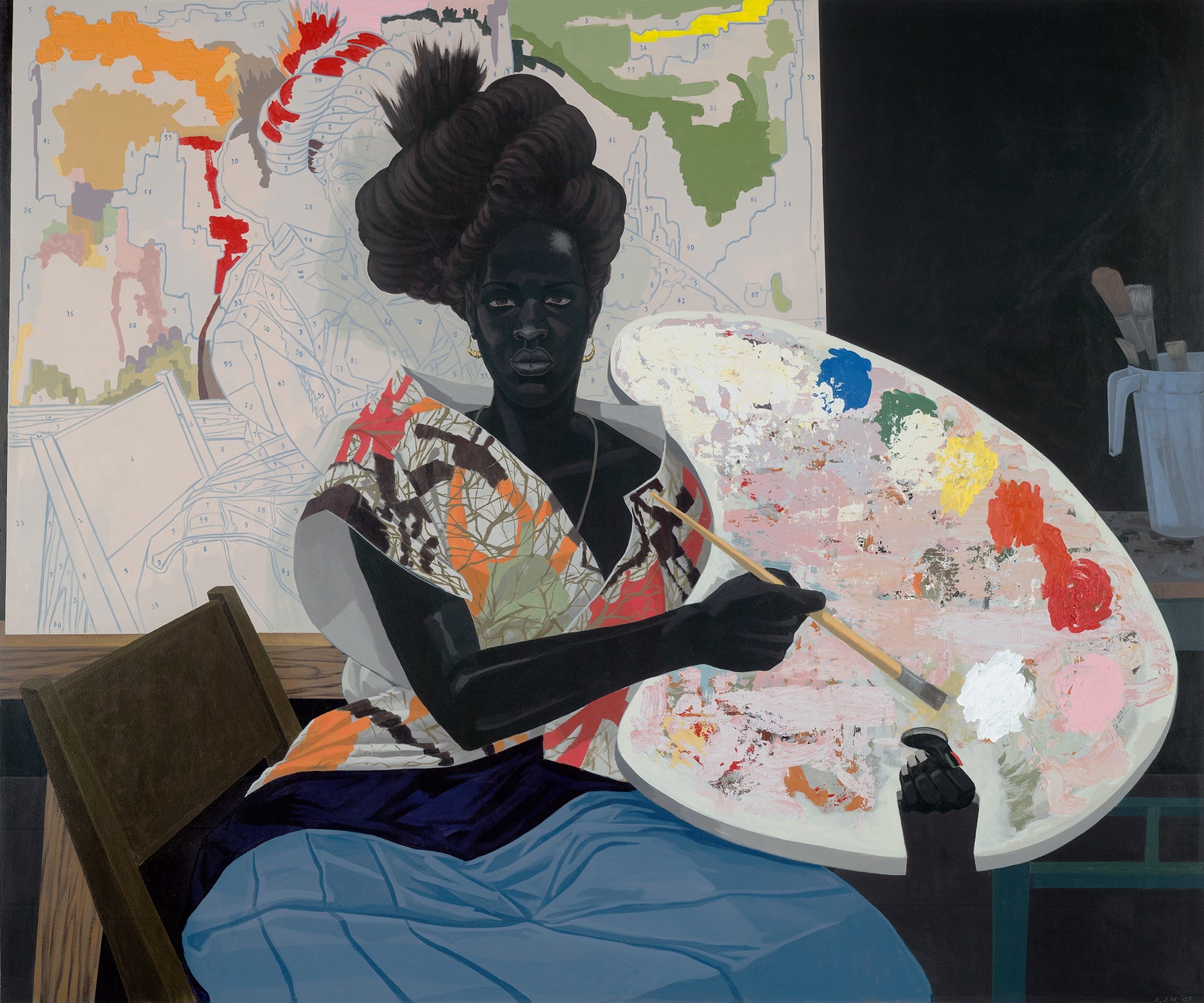 a painting by Kerry James Marshall of a Black woman holding an oversized paint palette, seated in front of a colorful canvas