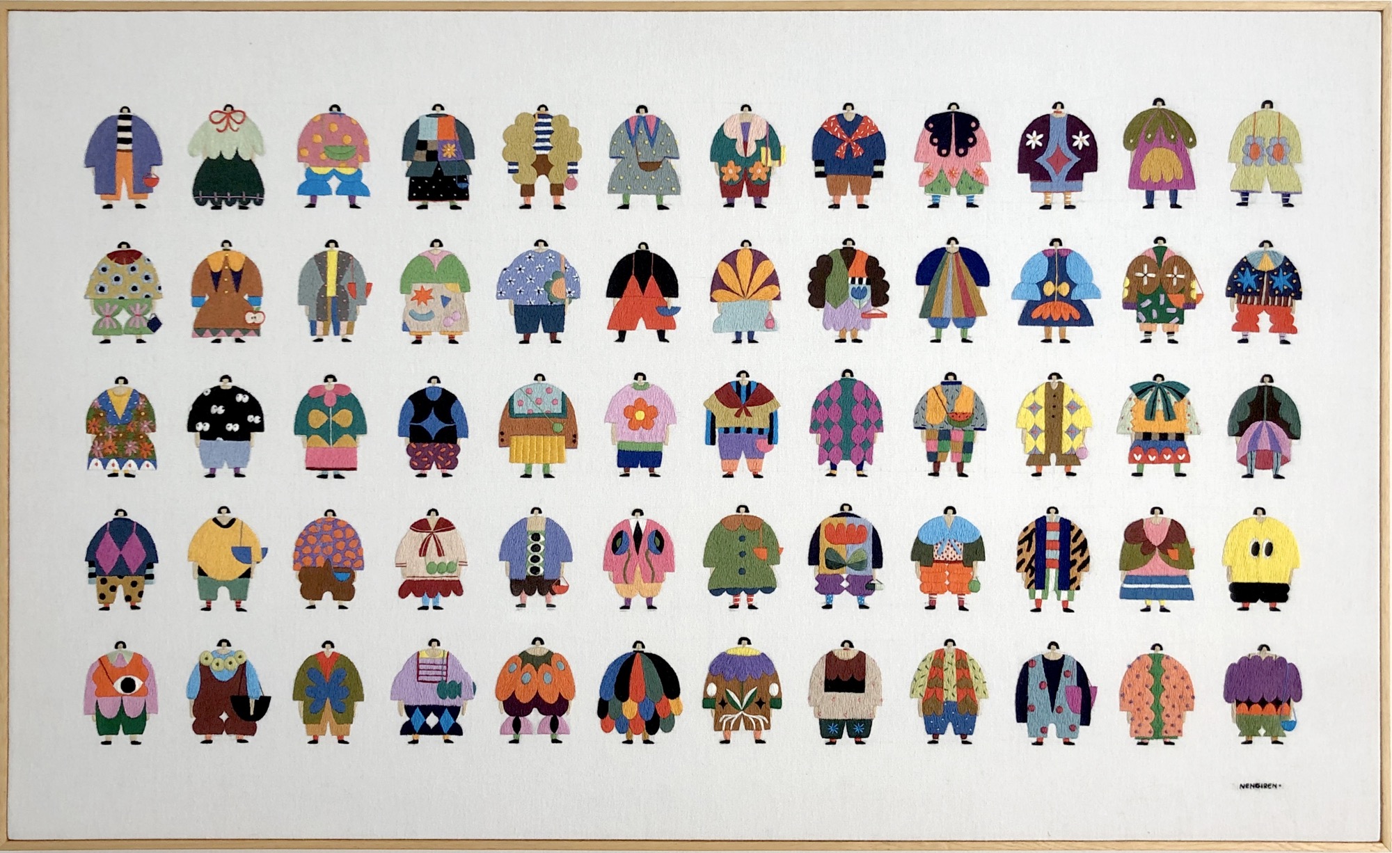 an embroidered artwork by Irene Saputra of a large grid of colorful, patterned, symmetrical, abstractly shaped figures