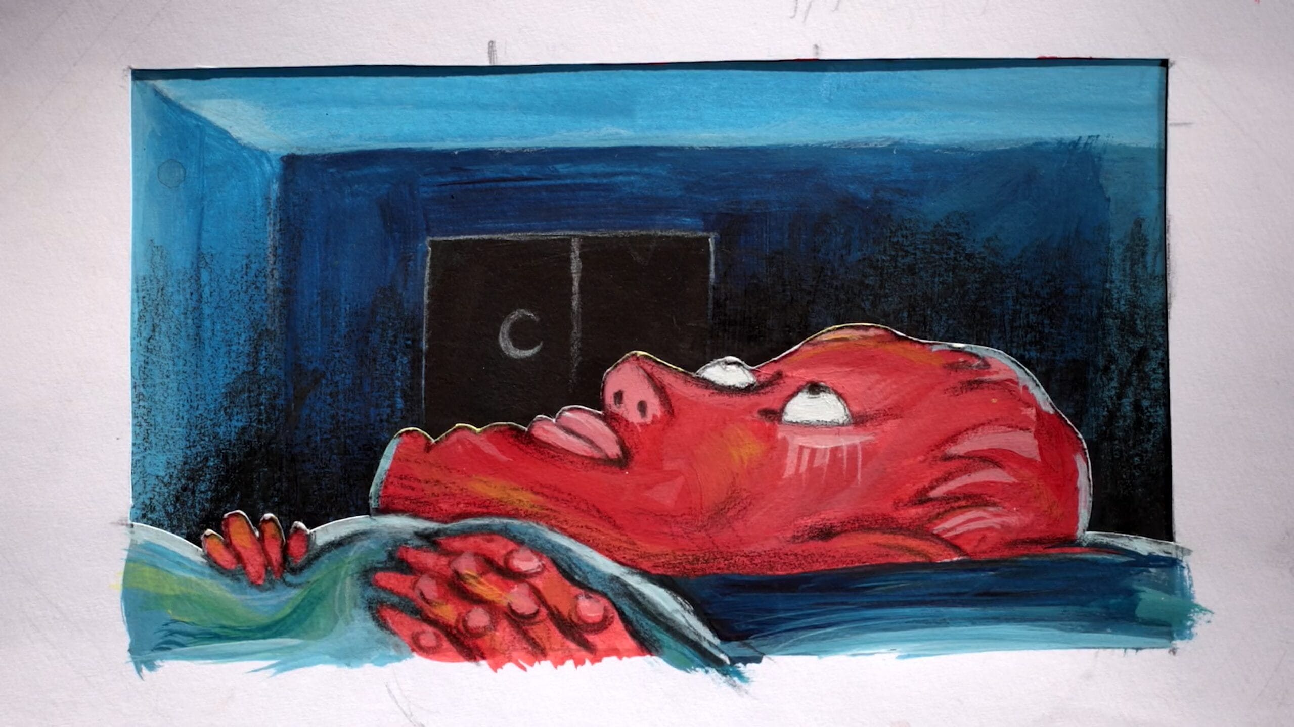 a red figure lays awake in bed, staring up at the ceiling