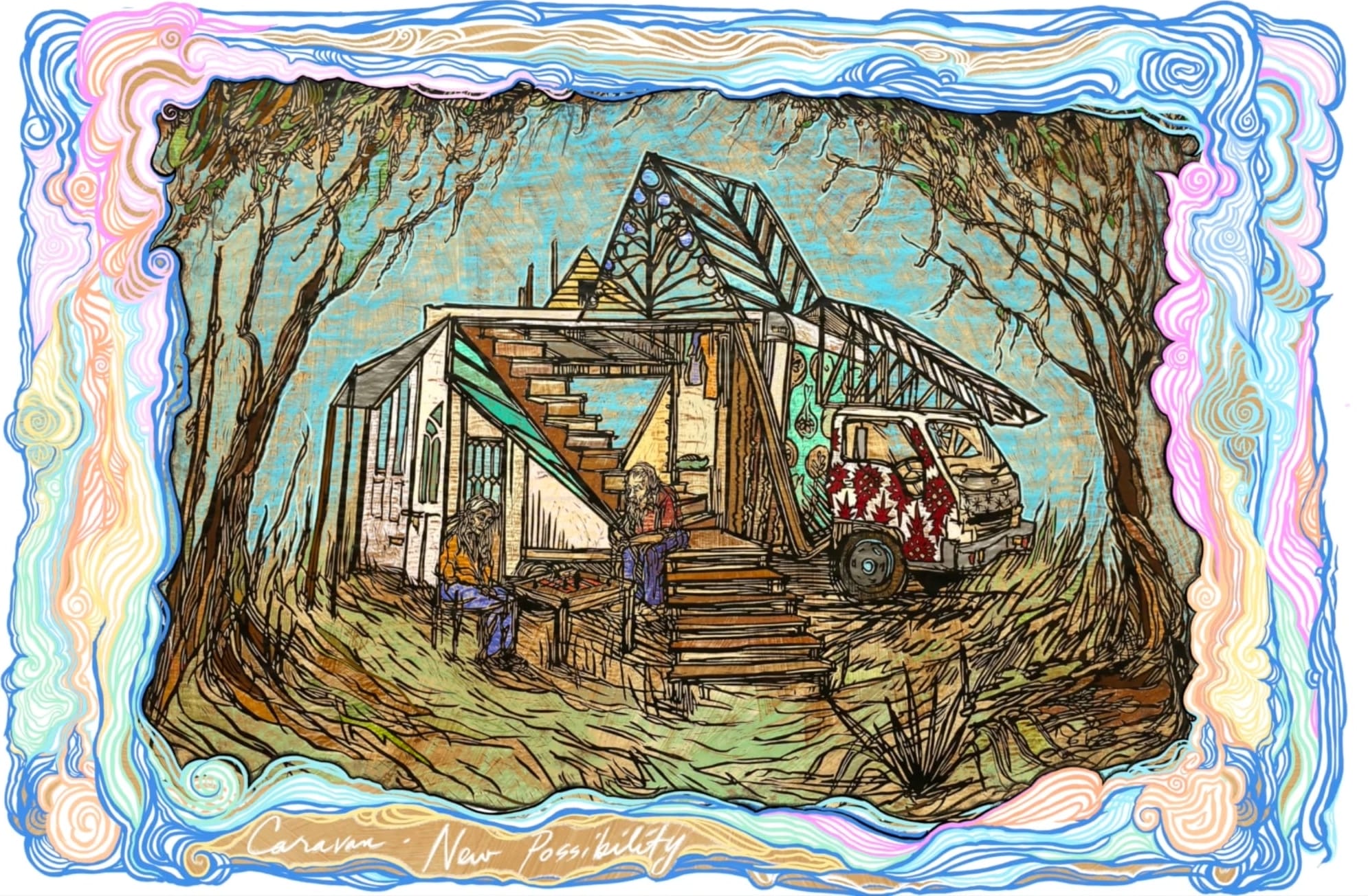 a drawing by Swoon of two people with a converted house van