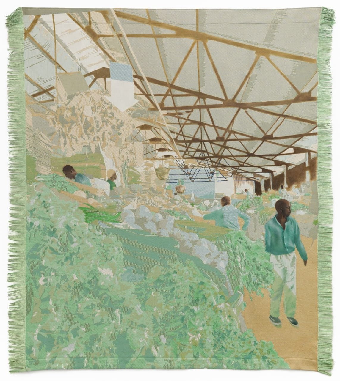 a woven Jacquard tapestry by Malaika Temba of people at a covered produce market
