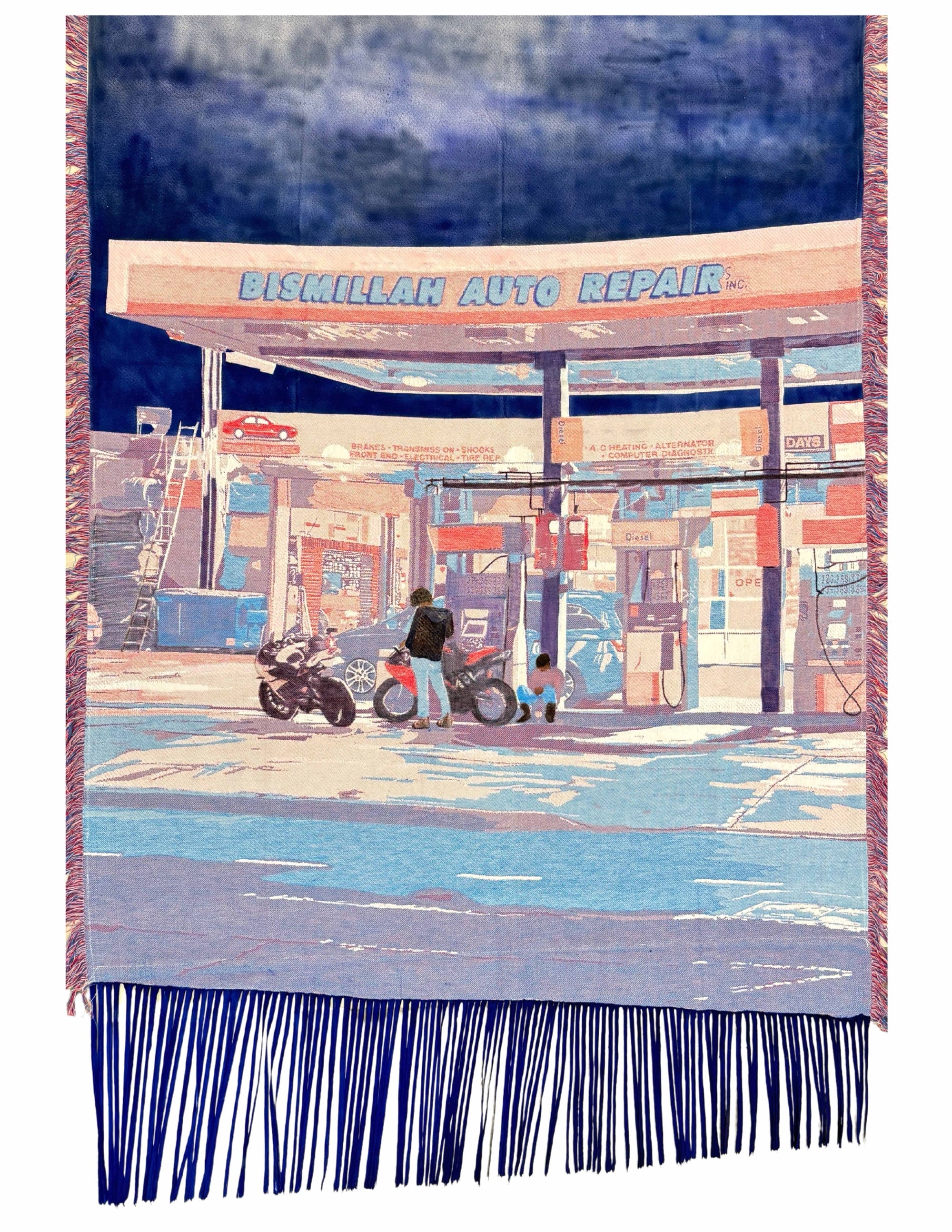 a woven Jacquard tapestry by Malaika Temba of a person and some motorbikes outside of an auto repair shop