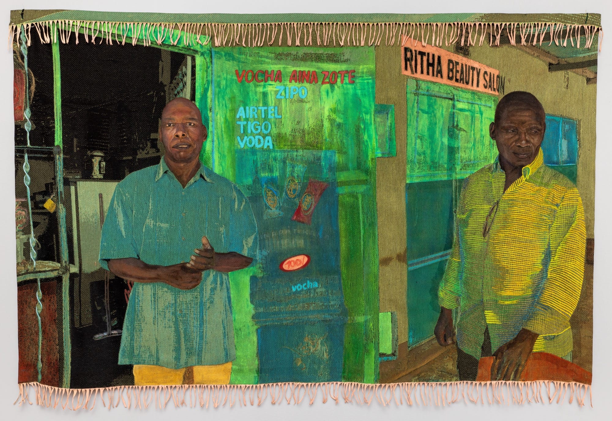 a woven Jacquard tapestry by Malaika Temba of two Black men outside of a building, rendered mostly in green