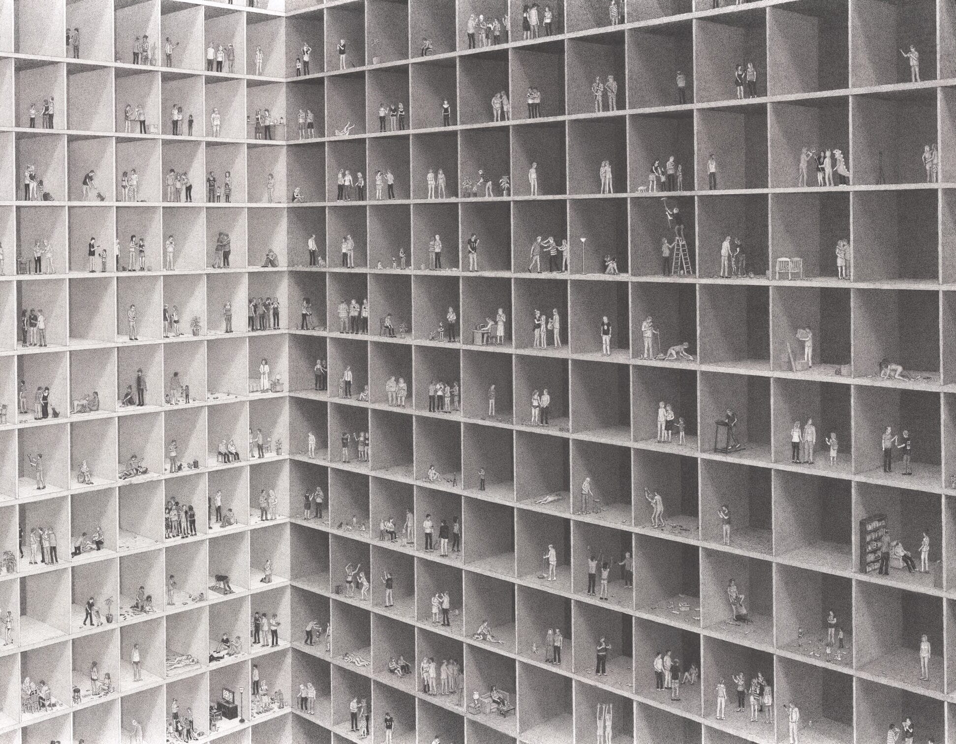 an elaborate ink drawing by Ben Tolman of figures in an abstract building complex, milling around doing different activities in their individual boxes