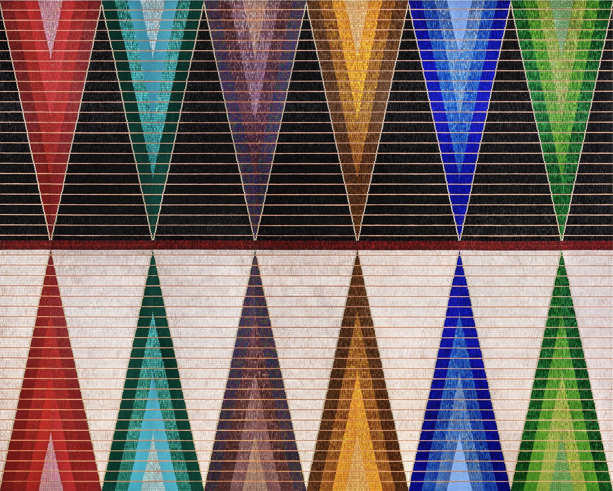 a beaded artwork by Dyani White Hawk inspired by Native American patterns in bright colors